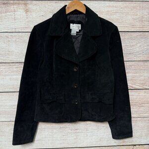 Live a Little Black Suede Jacket Bow Pockets Leather Blazer Lined Women's M